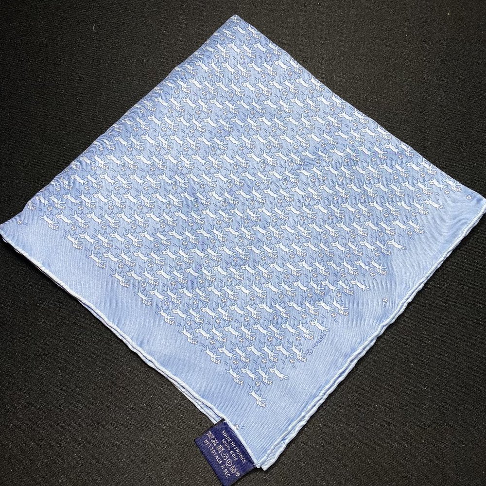 Authentic Men's Hermes Pocket Square Dog Prints in Baby Blue with Box